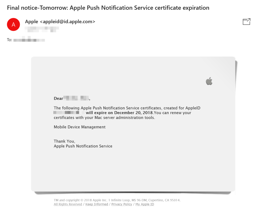 Apple Push Notification Service certificate expiration –&nbsp;Screenshots